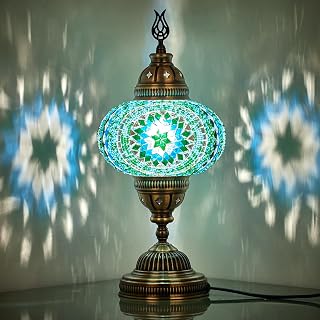 DEMMEX 7" Large Turkish Moroccan Mosaic Table Lamp - Handcrafted Tiffany-Style Glass Globe, Vibrant Turquoise Glow, 14"H Bedside Decor