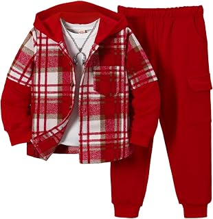 Boys 2 Piece Sweatsuit Flannel Plaid Shirt Hoodies Cargo Pants | Button Up Hooded Top, Comfy Elastic Waist Bottoms, Great for School and Play, Boys Clothing Set for 3-14 Years