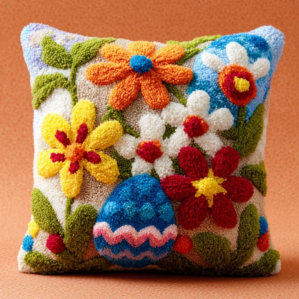 AxiangziK Latch Hook Pillow Kit,Flower Easter Egg DIY Cushion Cover 43X43Cm