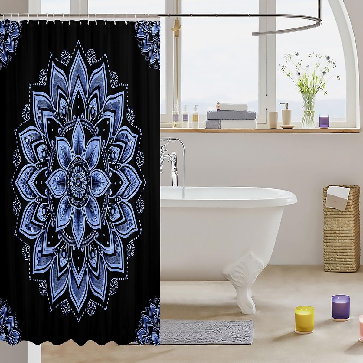 Aesthetic Mandala Waterproof Bathroom Curtain Bohemian Flower Bath Curtain for Kids Teens Adults, Chic Floral Shower Curtain Hippie Paisley Bathroom Curtains, Black and Navy Blue Shower Set