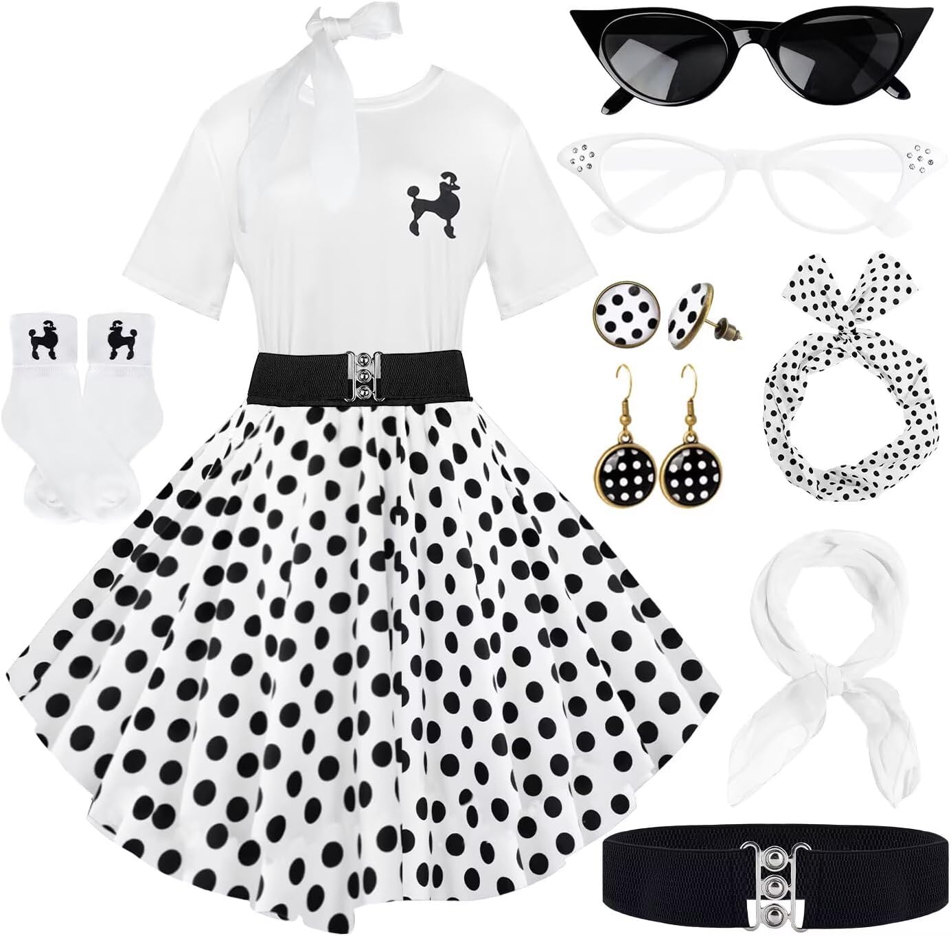 10Pcs Sock Hop Outfits Women, 1950s Poodle Skirts, Poodle T-Shirt with 50s Accessories Socks Scarf Headband Belt Earring