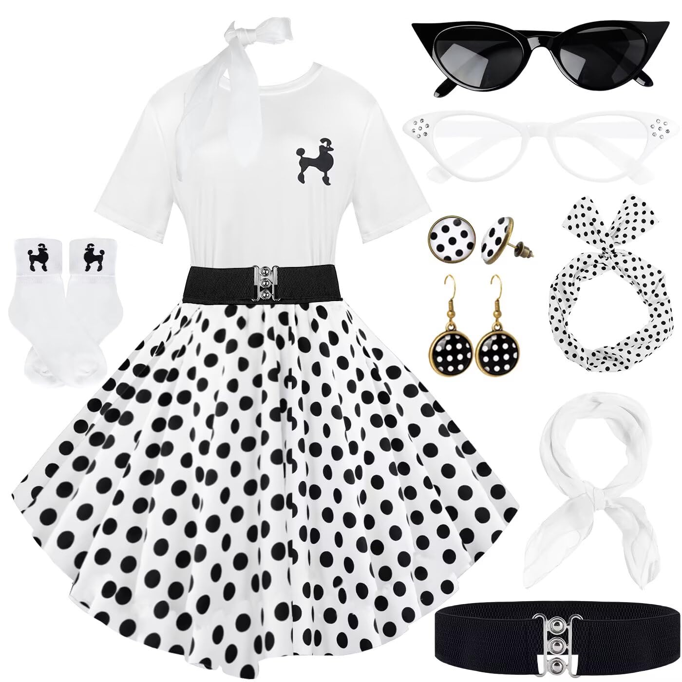 10Pcs Sock Hop Outfits Women, 1950s Poodle Skirts, Poodle T-Shirt with 50s Accessories Socks Scarf Headband Belt Earring, White-black-dot, Large