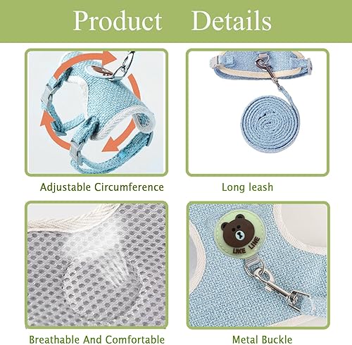 Miniatura 5 de Juego de 2 arnés y correa de conejo, arnés ajustable de conejo, correa de hurón, arnés de conejillo de indias, correa para hurón para mascotas