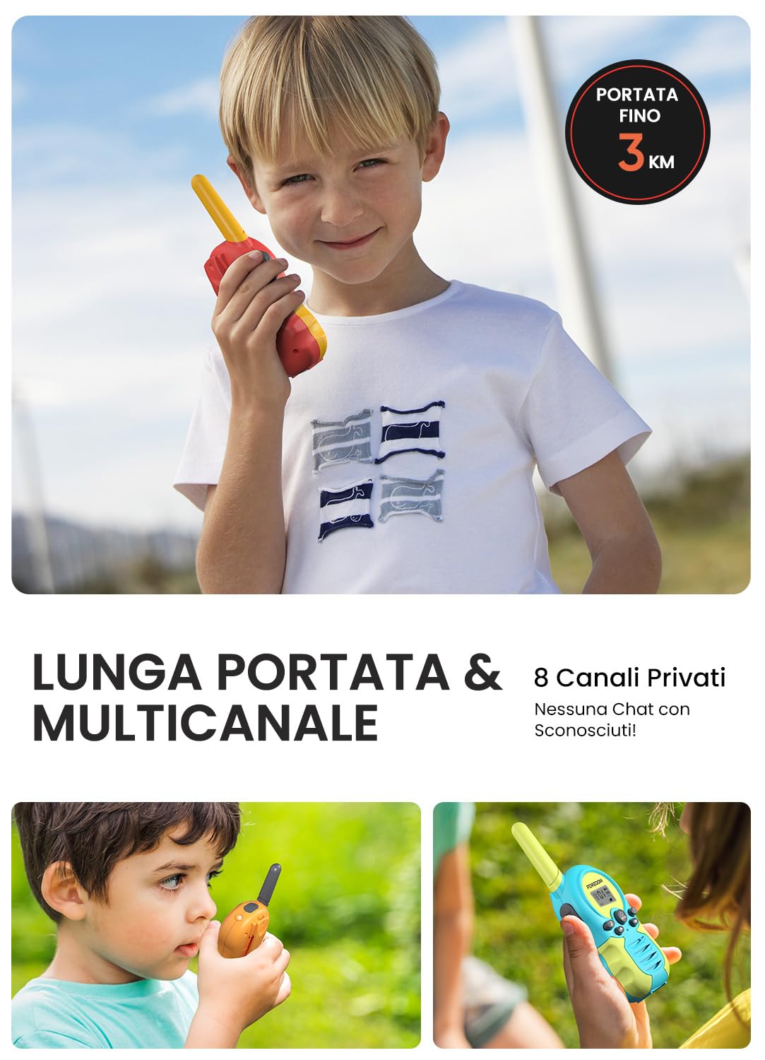 FOREDOM Walkie Talkie Ricaricabili per Bambini con Lunga Portata per Ragazzi e Ragazze da 3 a 12 Anni Regalo di Compleanno – Confezione da 3