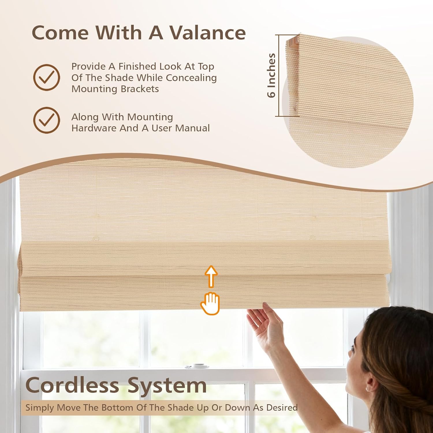 Sunbox Blackout Bamboo Shades, Cordless Lined Roman Shades Window Blinds, Custom White Woven Bamboo Blinds for Bedroom, French Doors, Soft Cream