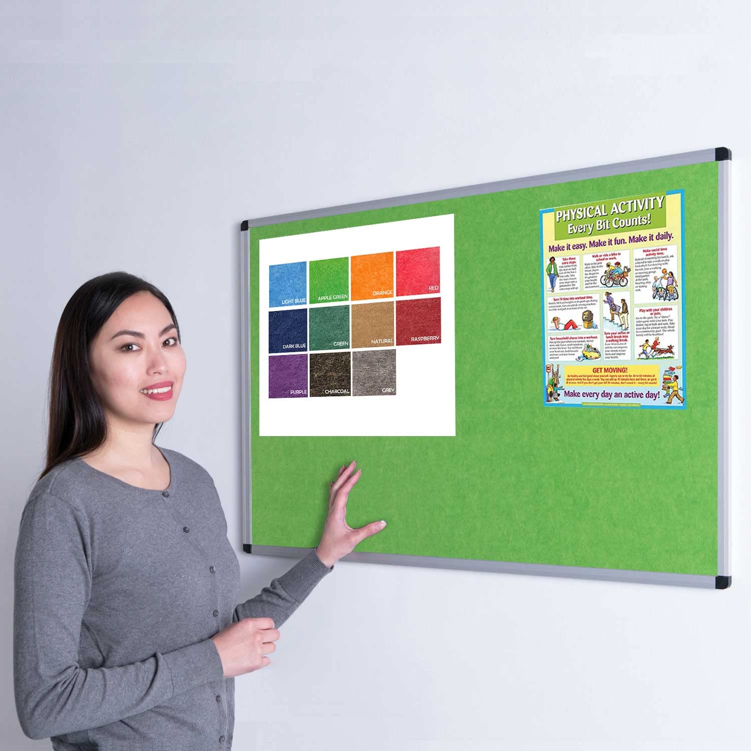 Wonderwall Fully Fire Retardant Notice Board, Apple Green Display Pinboard, 90 x60 cm - Aluminium Frame - Concealed wall-Mounted with Fixings - Ideal for Office, School, Public Space