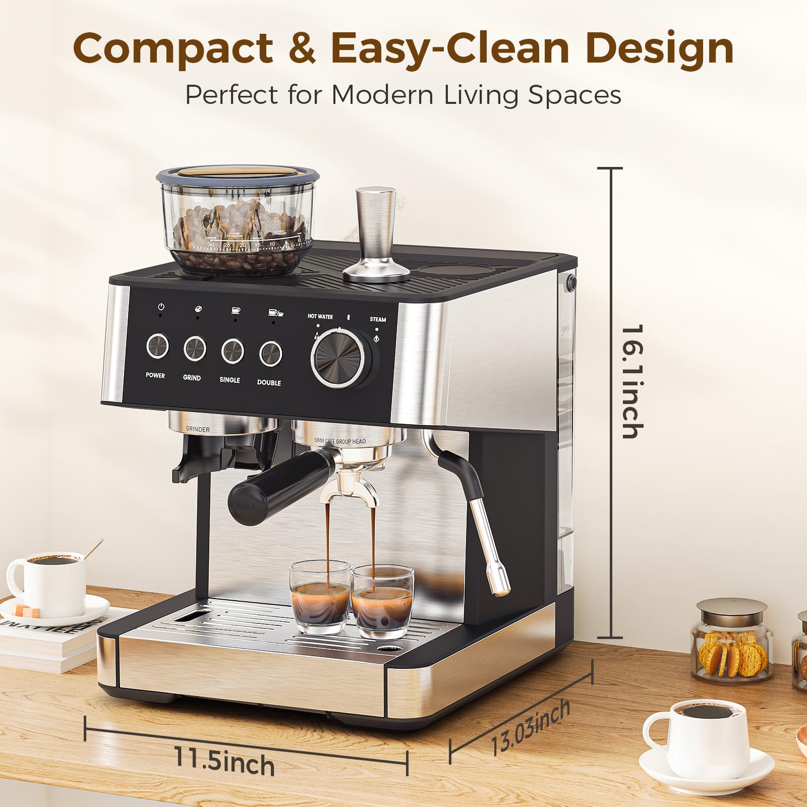 Cowsar 20 Bar Espresso Machine With Grinder & Milk Frother Steam Wand, 58mm Expresso Coffee Machines, Commercial Stainless Steel Coffee Maker For Cappuccino And Latte, Perfect For Home Café-S Black on Fridge.com - View 6