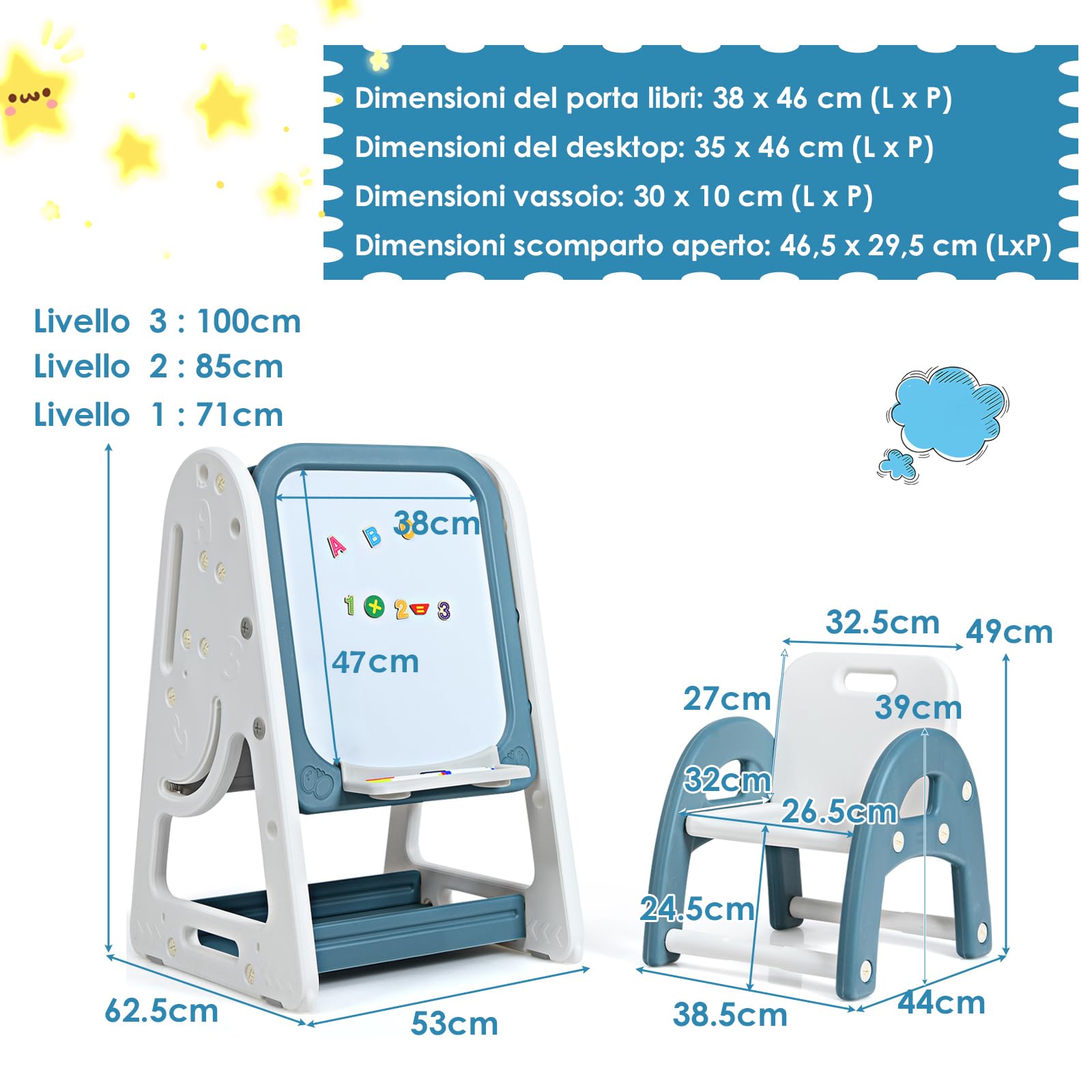 COSTWAY Set 2 in 1 Cavalletto per Bambini, Lavagna Magnetica Multifunzione Bifacciale, Libreria Bambini Altezza Regolabile, con Sedia e Accessori (Blu)