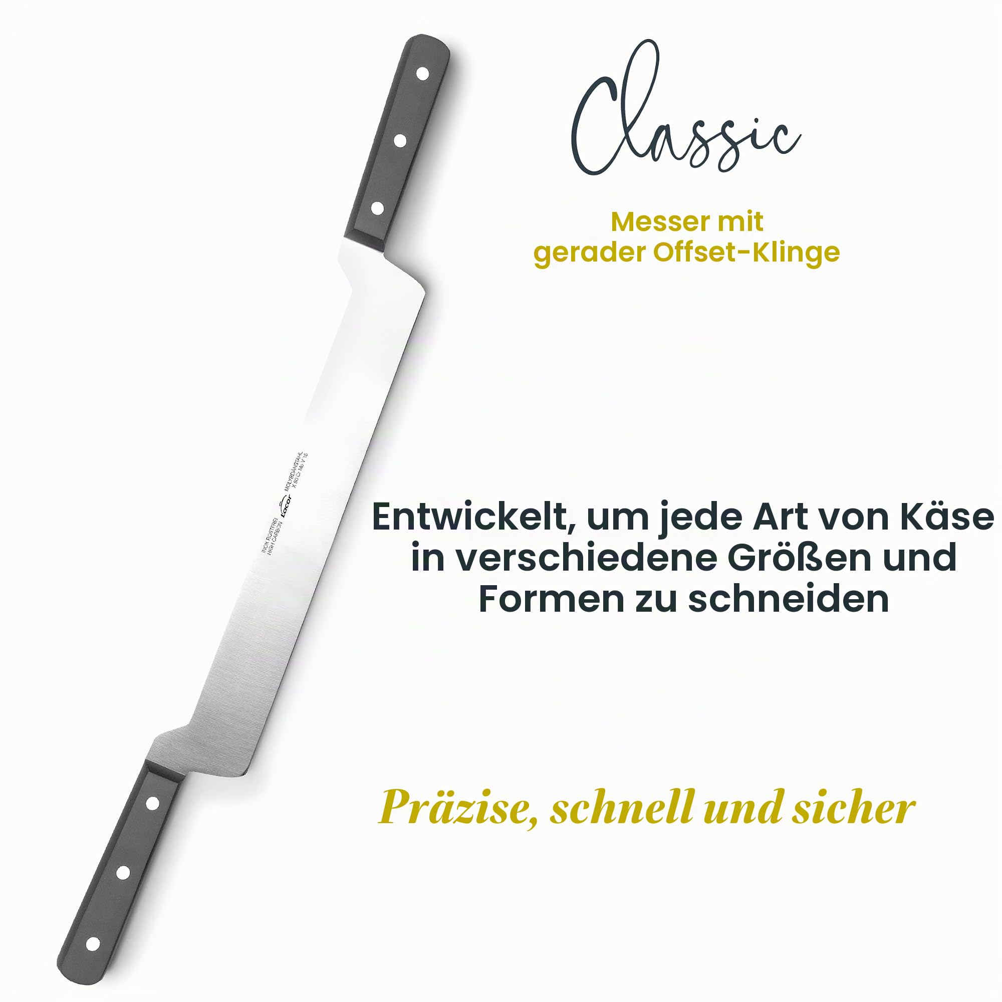 LACOR - 39100 - Käsemesser, Klassisches Käsemesser, Gerade und Abgewinkelte Klinge, Edelstahl, Ergonomischer Griff, 30 cm | Langlebiges Profi-Utensil; entwickelt für optimale Leistung und schnelle, unkomplizierte Reinigung in der Spülmaschine