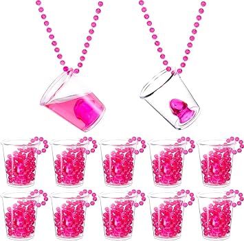 Pink Shot Glass Necklace - 10 Pack Plastic Party Cup Necklaces for Bachelorette Party, Wedding, Birthday, Halloween, Christmas Events