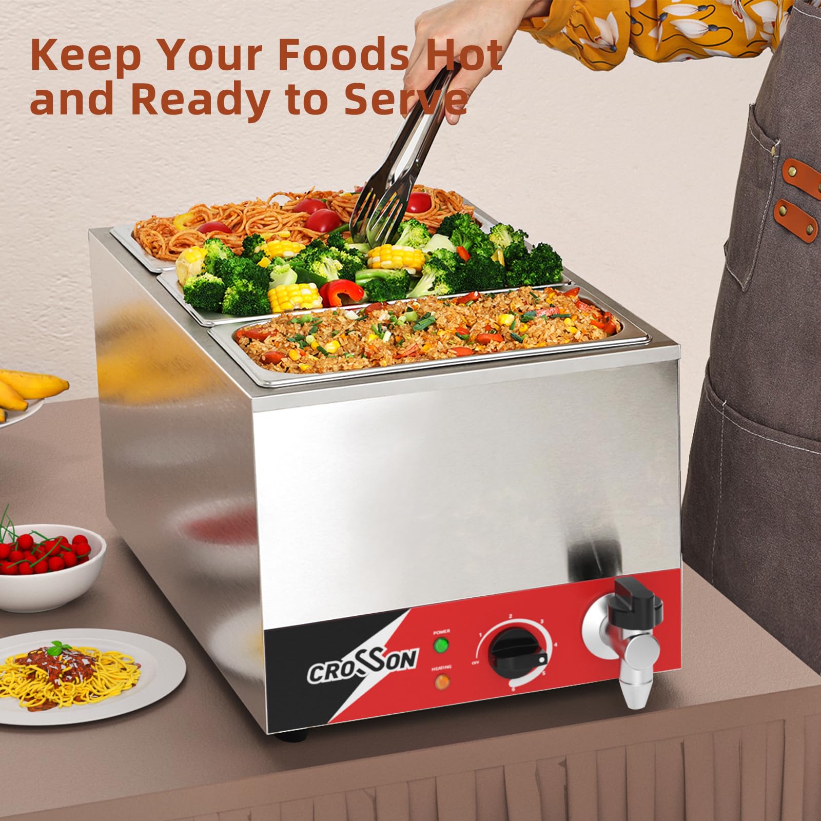 CROSSON Gastronorm Bain Marie mit Ablaufhahn, Profi Gastro Speisewärmer passend für (GN) 1/1 Gastronorm Behälter mit 3 150mm hohen 1/3 GN-Wanne, Wasserbad Temperatur einstellbar von 35-85 °C