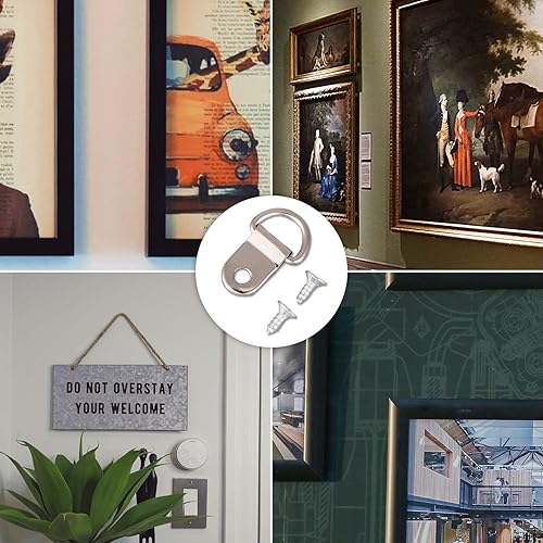 Miniatura 7 de Juego de 50 ganchos de anillos en D, resistentes y pequeños anillos en D con 50 tornillos chapados en níquel, marco de fotos, kit de alambre para