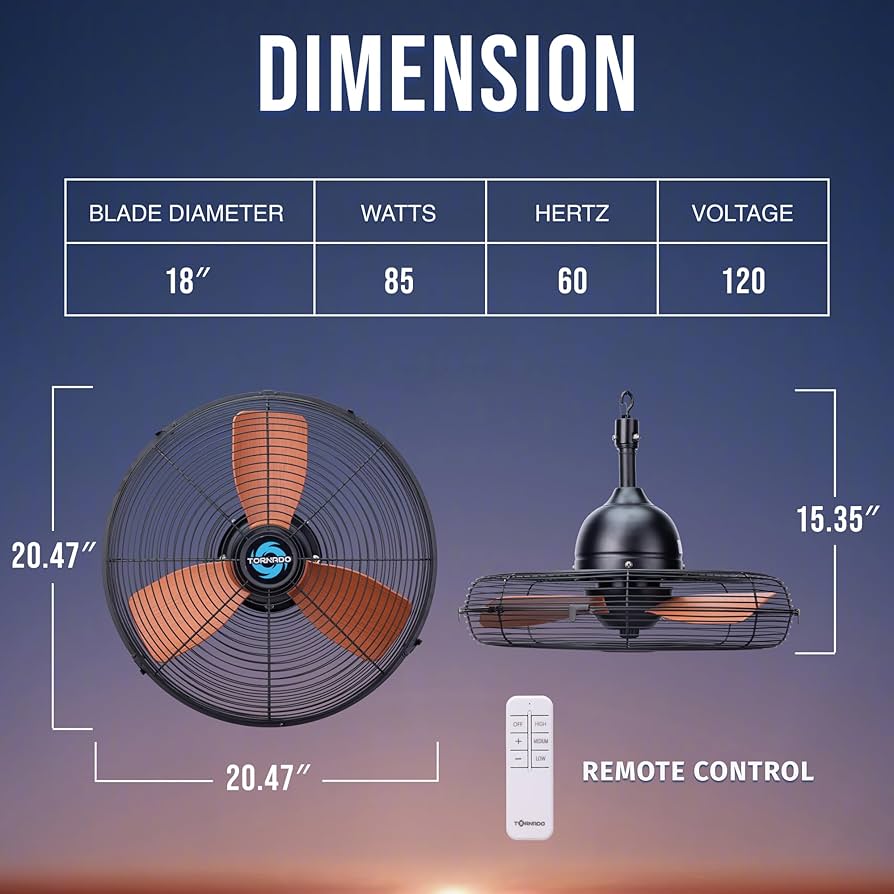 Tornado 20-Inch Outdoor Downrod Mount Ceiling Fan, IPX4 Water