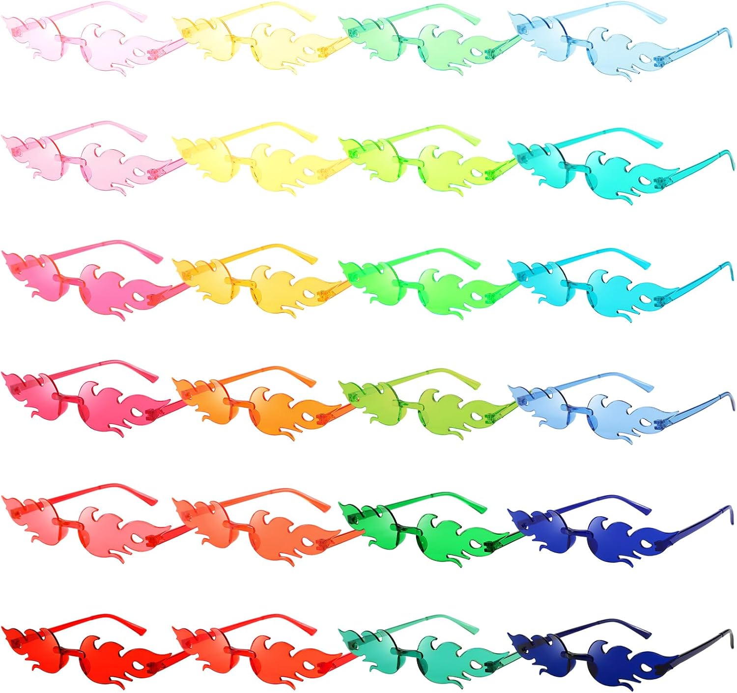 Pibupibu 24 Pack Star/Heart/Butterfly/Flame Sunglasses Bulk, Rimless Fun Colorful Sunglasses for Women Party Favors
