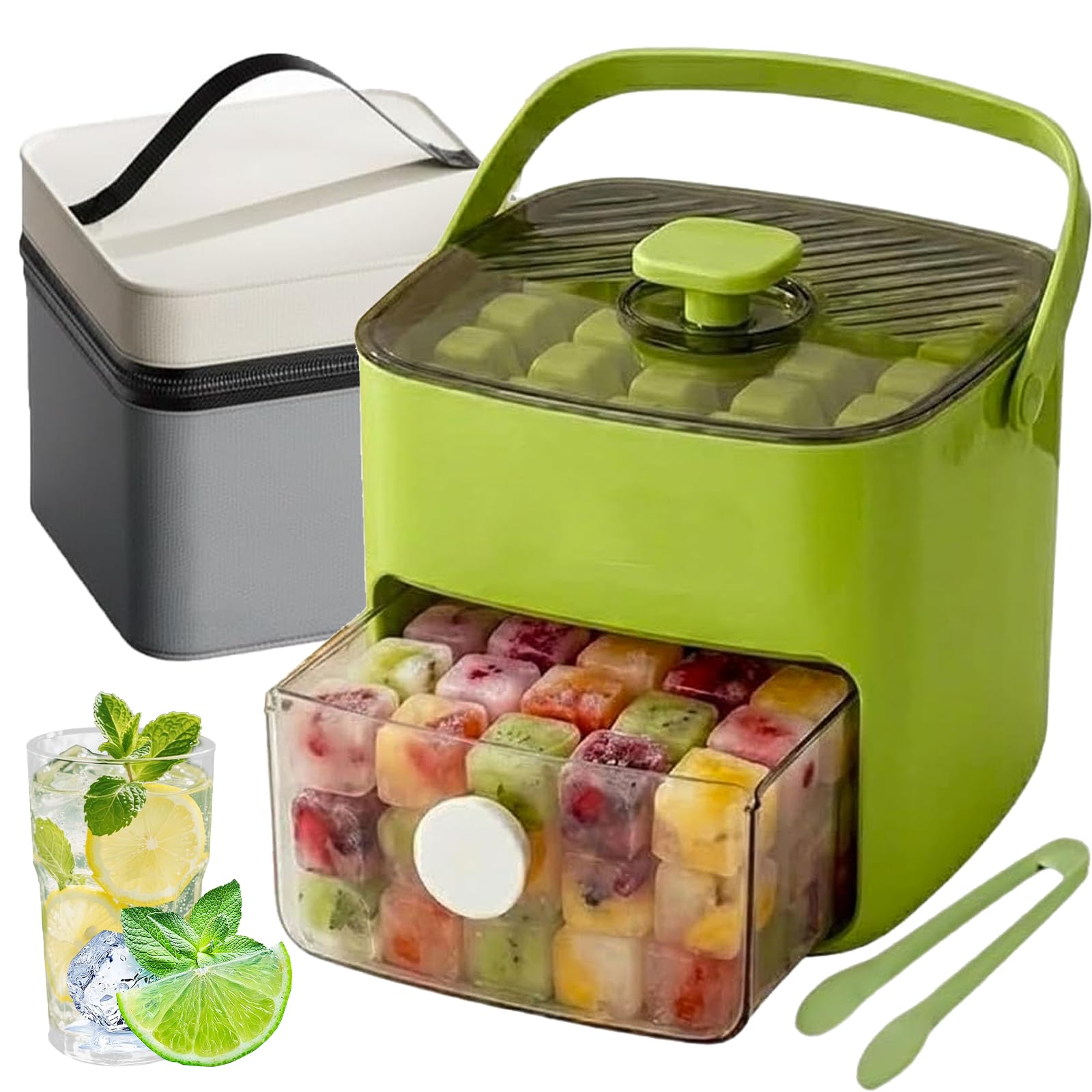 Máquina de Cubitos 48 Rejillas con Tapa de Prensa, Bandeja Hielo Doble Capa para Congelador, Molde Silicona de Liberación Rápida y Caja Almacenaje con Pala para Whisky o Cóctel (A+Insulated Bag)