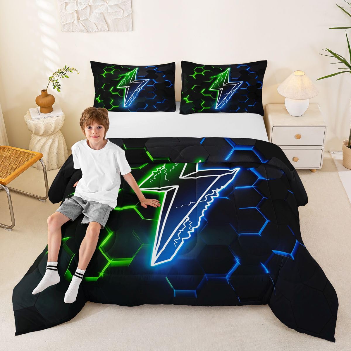 Couette hexagonale en duvet de qualité supérieure pour lit d'enfant bleu