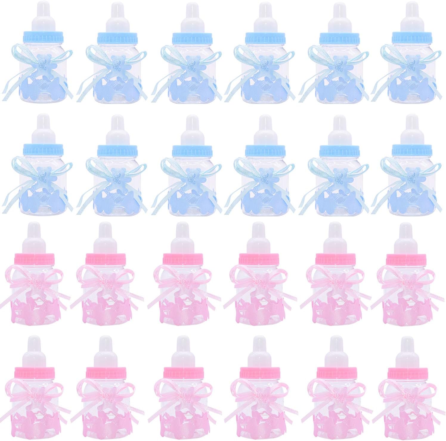 Candy Bottle Baby Shower, 24 pcs Mini Fillable Feeder Style Gift Box with Bear for Party Favors Supplies Boy Girl Newborn Infant Baptism Christening Birthday Decoration 9 x 4cm(12pcs Blue+12pcs Pink)