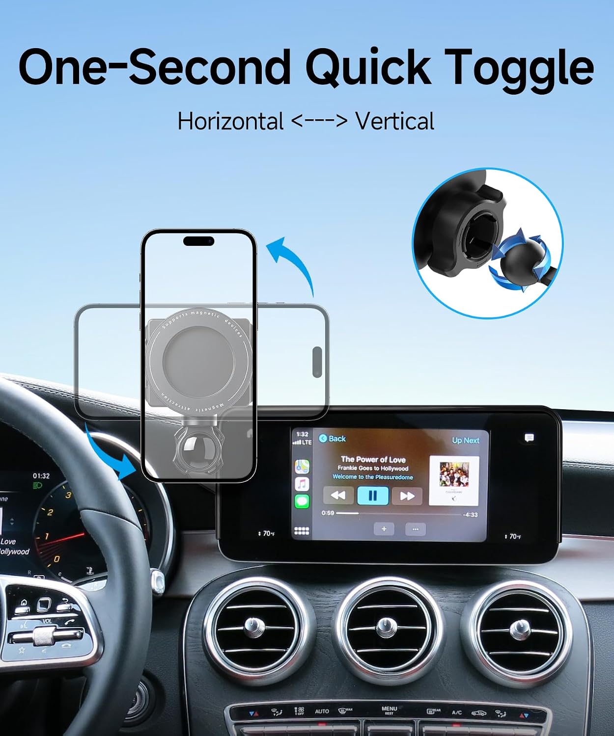 Magnetic & Clamp 2-in-1 Car Phone Holder for 2019-2021 Mercedes-Benz C-Class/ 2020-2022 GLC-Class,10.25-Inch Screen, MagSafe Compatible Rotatable Dual-Sided, Hands-Free Phone Mount for iPhone Android