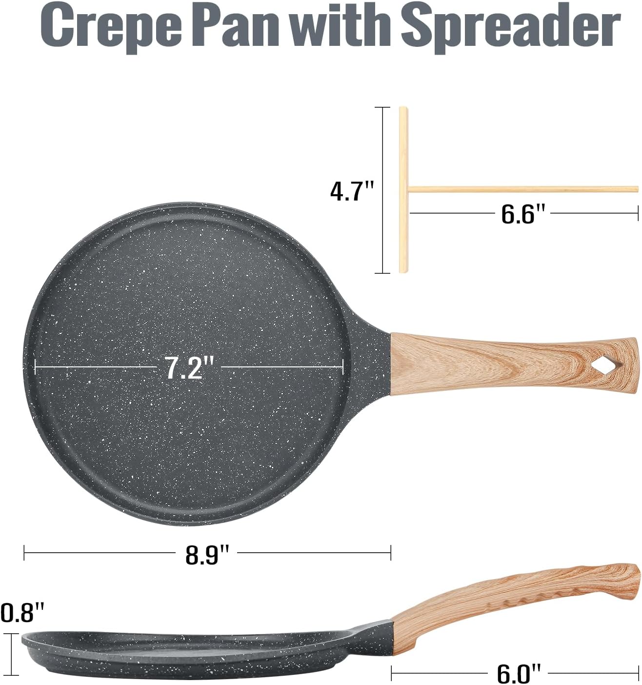 SouxMux Nonstick 8-Inch Crepe Pan with Spreader, Ceramic Coated Dosa Tawa Pan, Induction Compatible Flat Skillet for Pancakes, Omelettes, and More with Cool Handle, PFOA Free