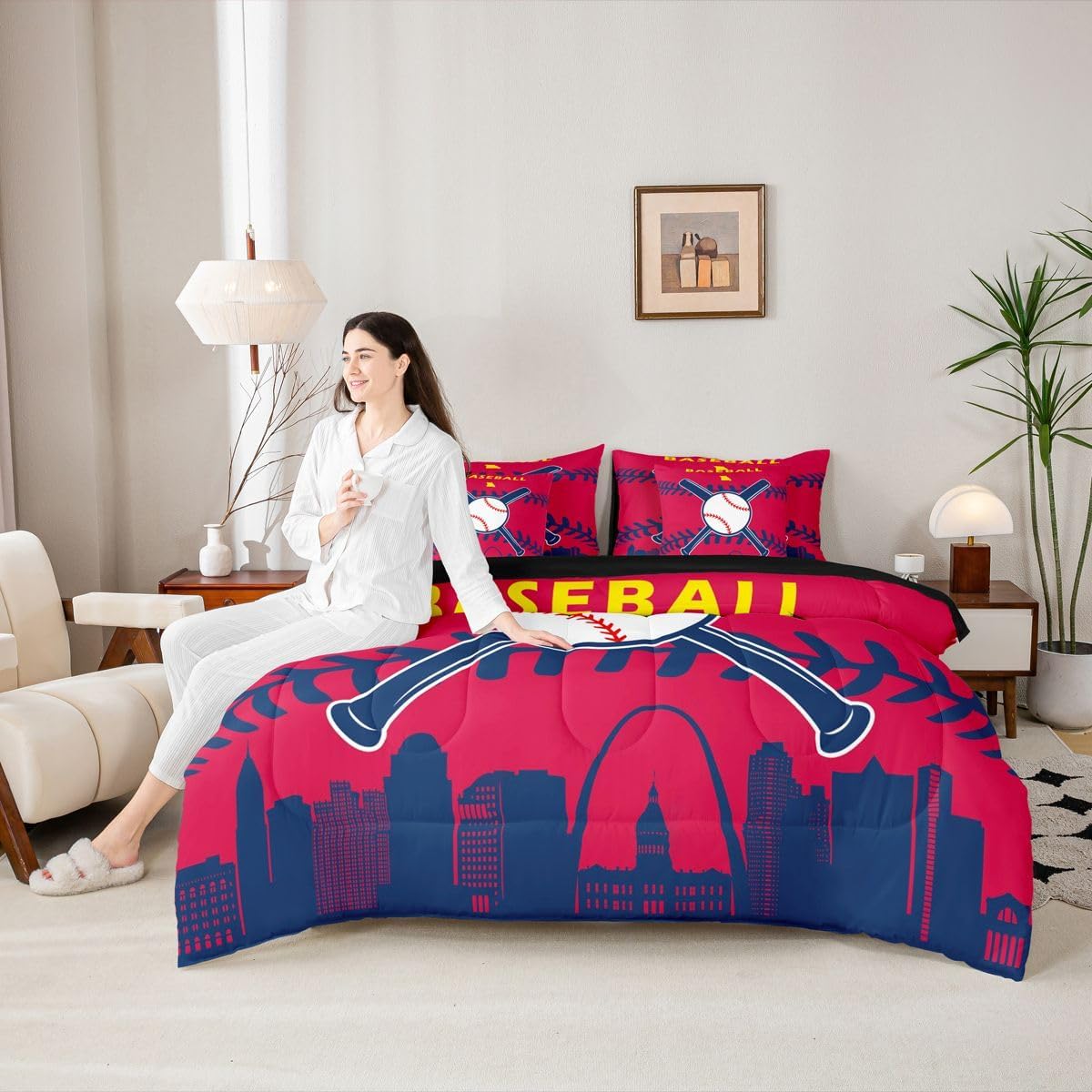 Erosebridal 7 Pcs Comforter Set Queen Size,Baseball Bed in a Bag with Flat Sheet and Fitted Sheet for Kids and Adults,Baseball Bedding Set with Pillowcases and Cushion Cases