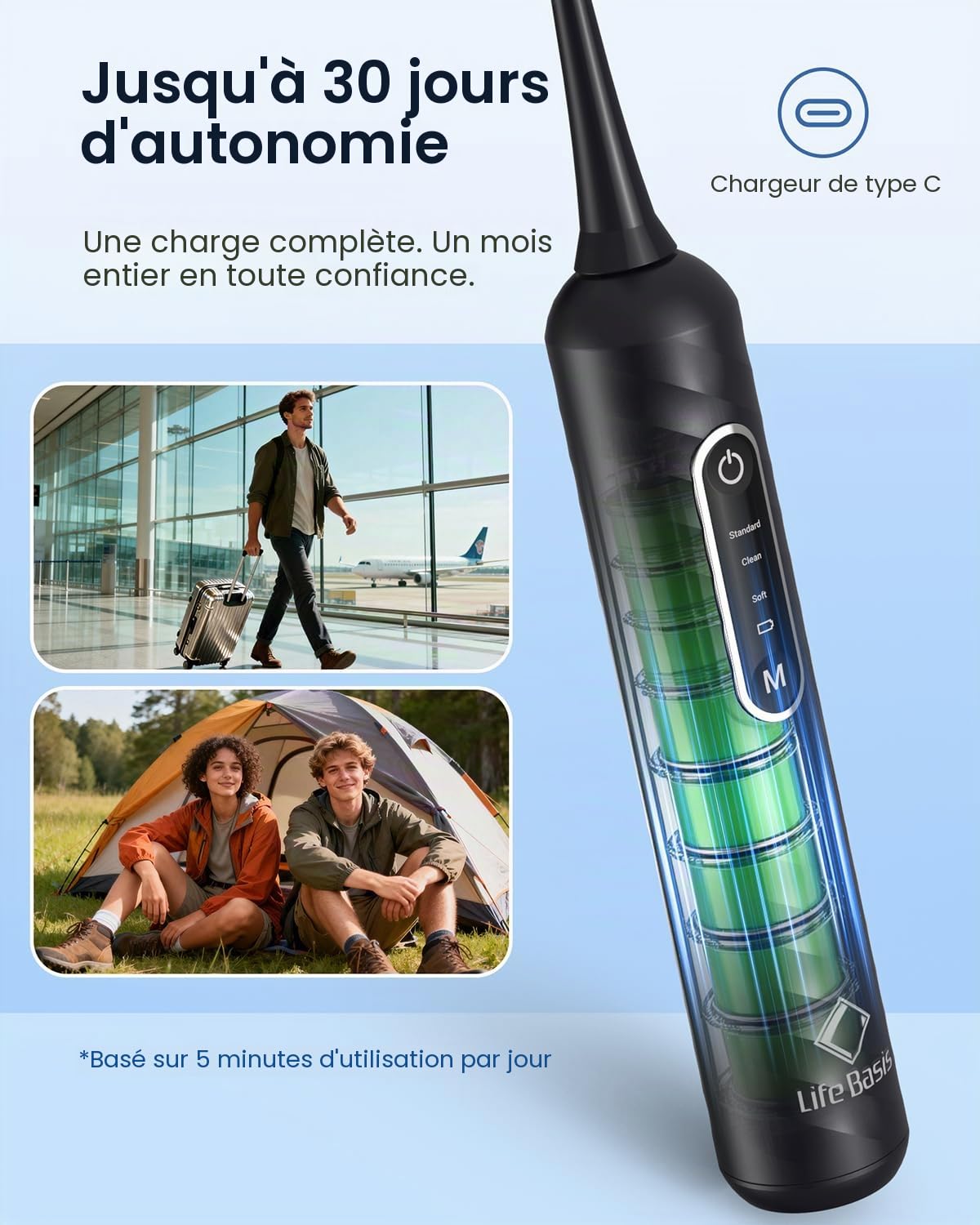 LifeBasis Fil Dentaire Électrique Rechargeable, Fils Dentaire avec 50 Têtes de Rechange Réutilisables et Étanche IPX7, Alternative Compacte au Jet Dentaire, Idéal pour Adultes et Voyage