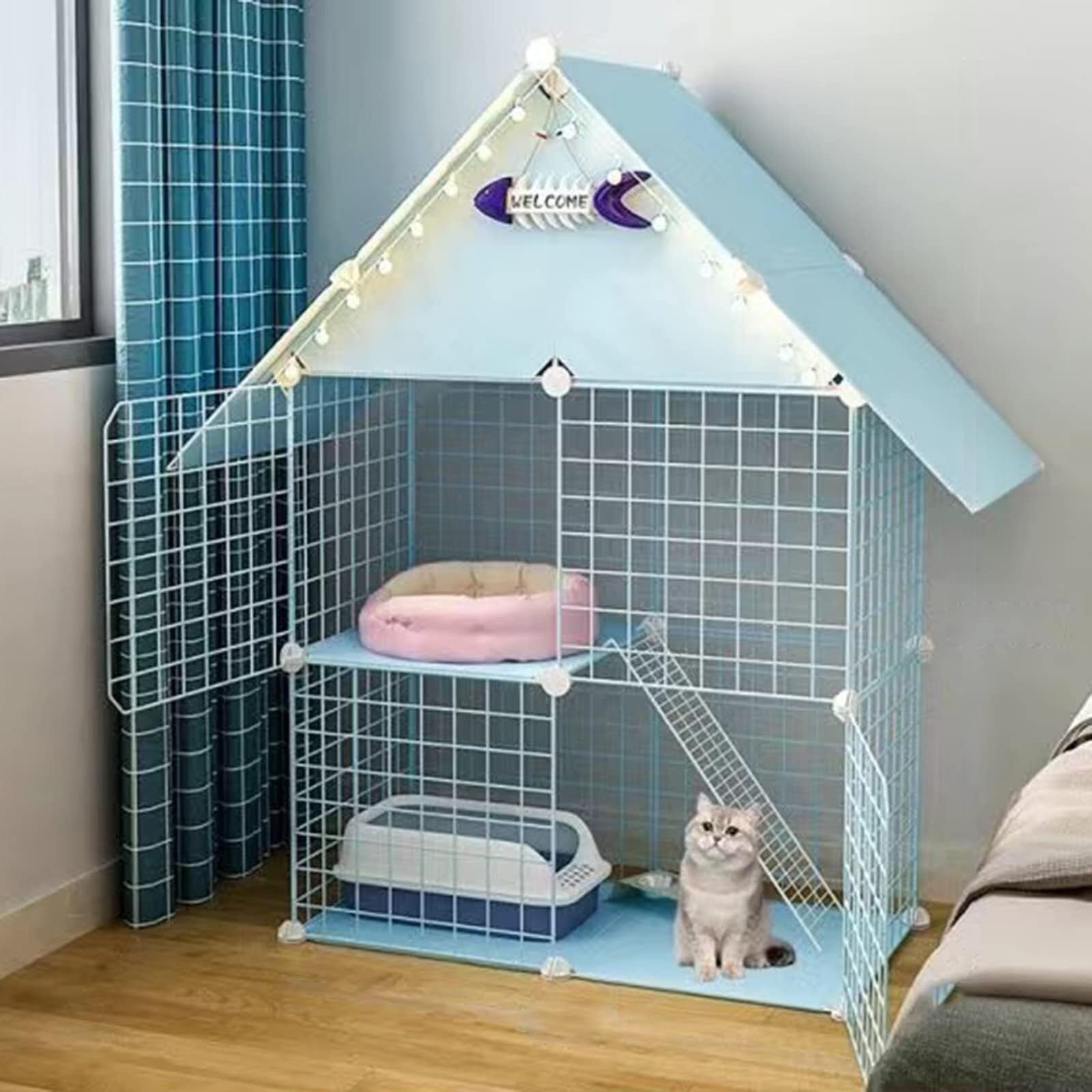 Gabbia per gatti da interno a 2 strati, Gabbia per gatti in filo metallico, Gabbia per gatti portatile, Gabbia per animali pieghevole/blu (Blue)