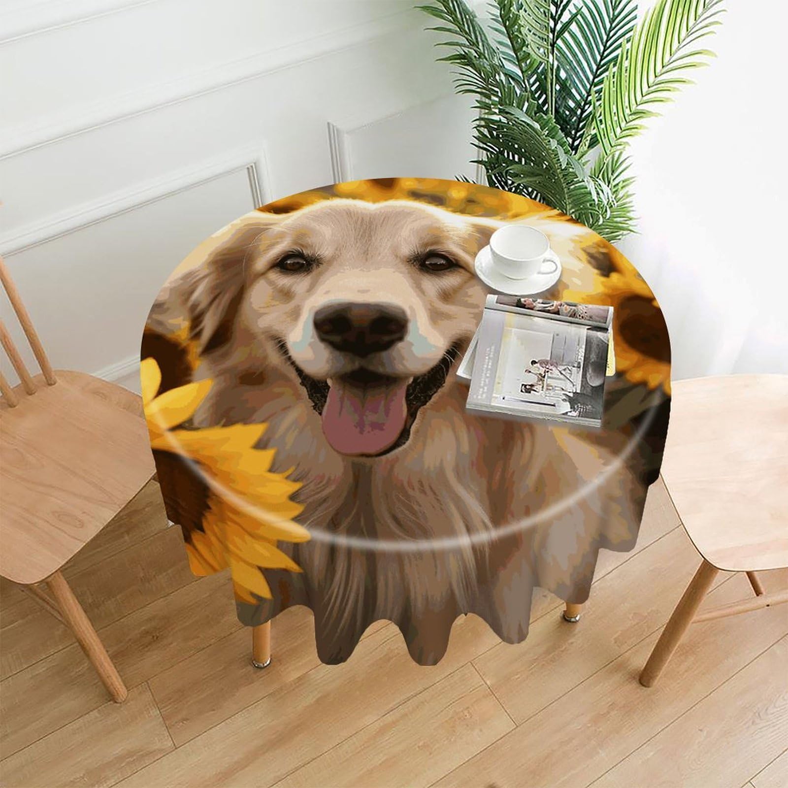 VstaDank Dog and Sunflower Tablecloth Easy to Clean Polyester Round Table Cover Washable Round Table Cloth Wrinkle-Free Circle Decoration Tablecloth for Kitchen Dining Room 60"