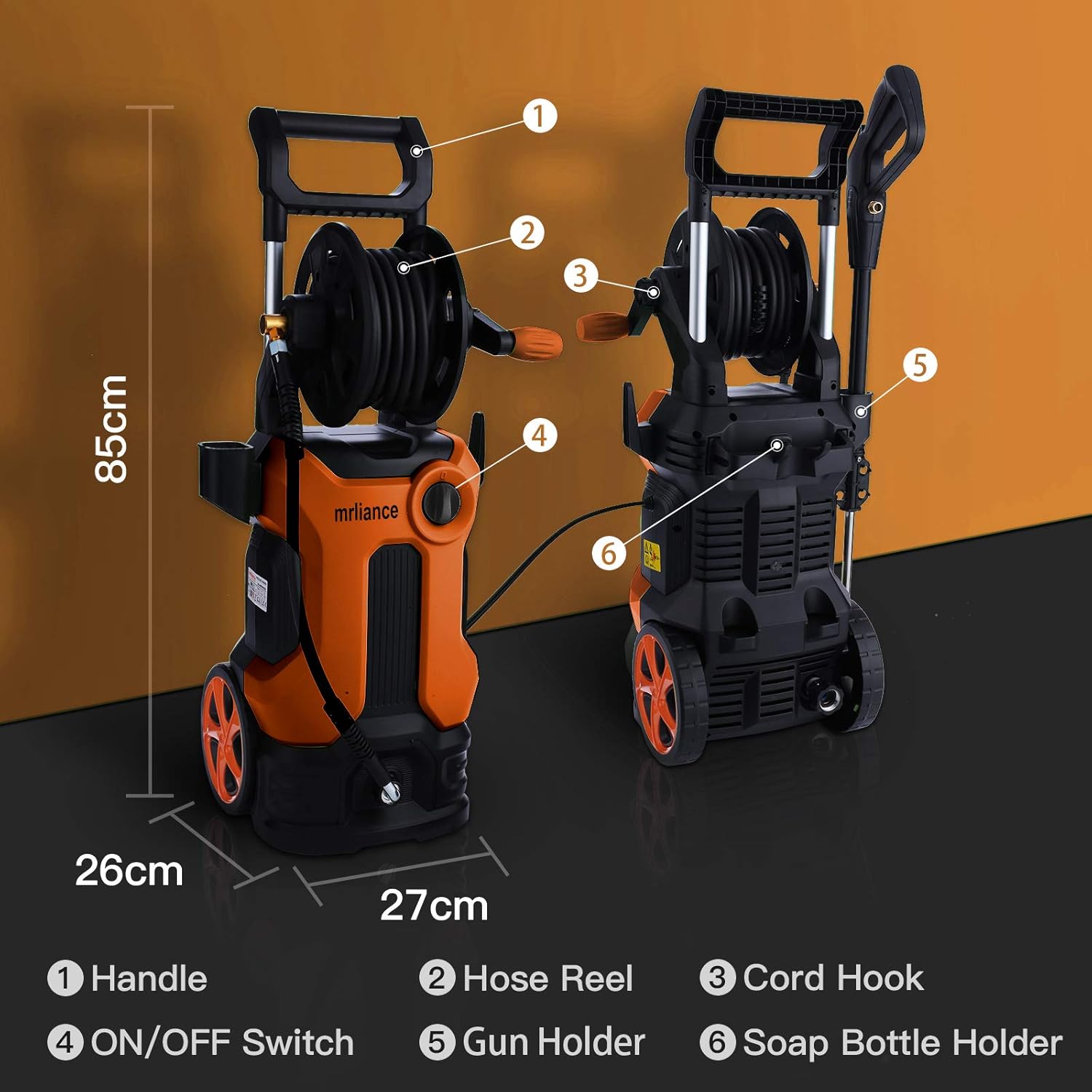 Hottest Sale mrliance Electric High Pressure Washer , High Pressure Cleaner Machine High Pressure Power Washer Machine with Hose Reel+4 Interchangeable Nozzles (Orange)