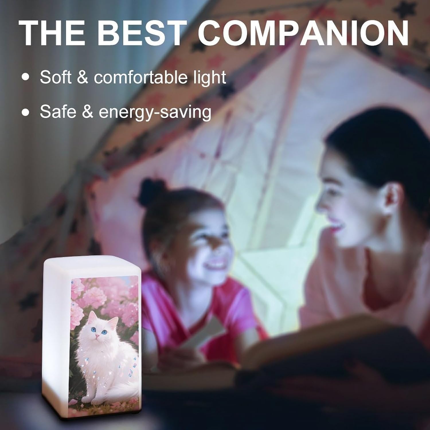 Dimmable Portable Desk Lamp Reading Table Lamp Pink Flowers and Cats Bedside Night Light Battery Powered for Home Office Gift