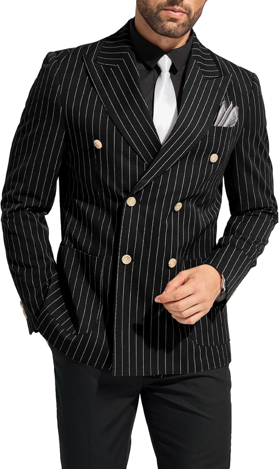 Suits for Men Pinstripe 2 Pcs Slim Fit Formal Tuxedo Set Business Casual Wedding Party Suit Stripes Blazer Black Pants