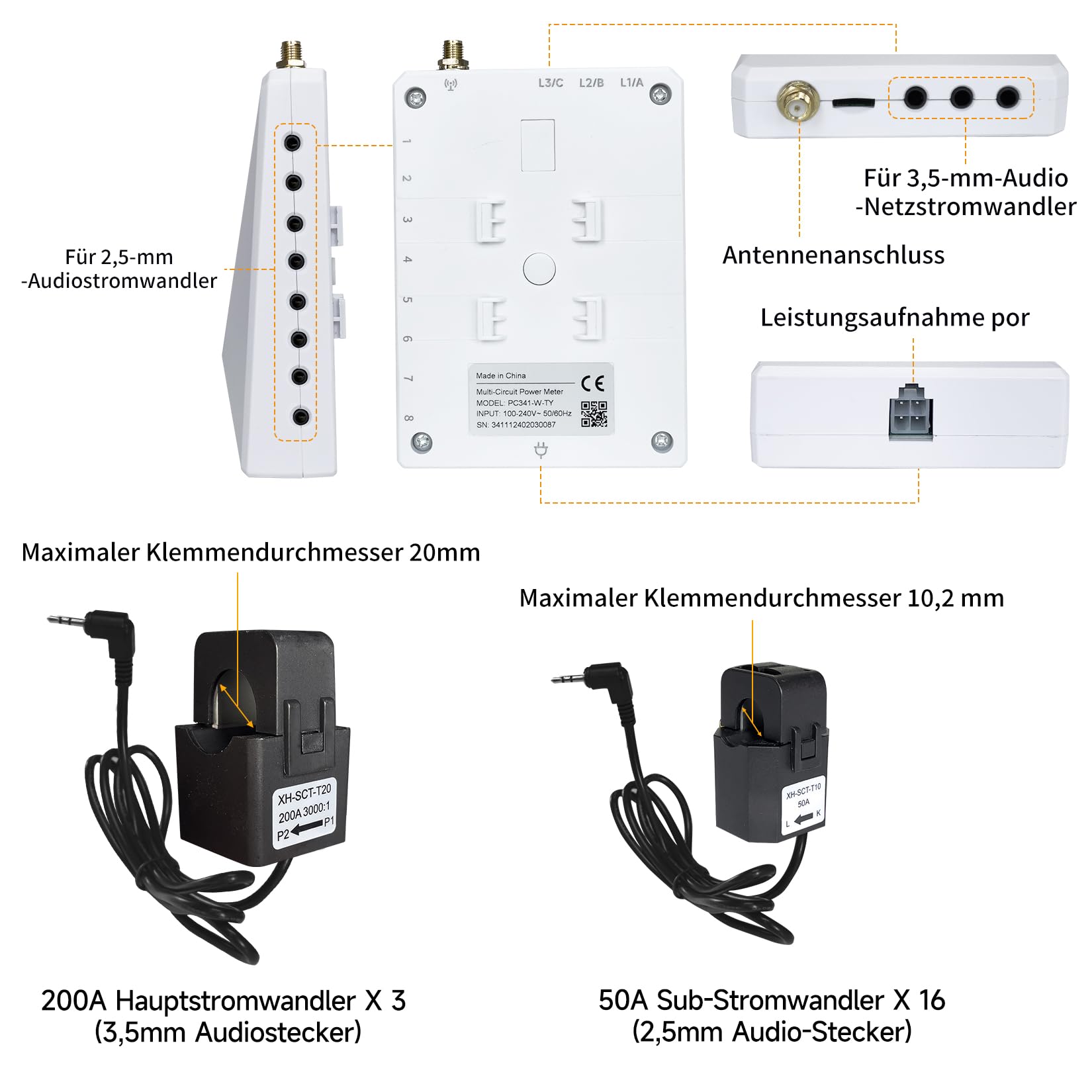 Monitor energii Smart Home z czujnikami poziomu prądu 16 50 A i 3-200 A, precyzyjne śledzenie zużycia energii w czasie rzeczywistym, licznik WiFi, pomiar solarny/netto, WiFi 2,4 GHz
