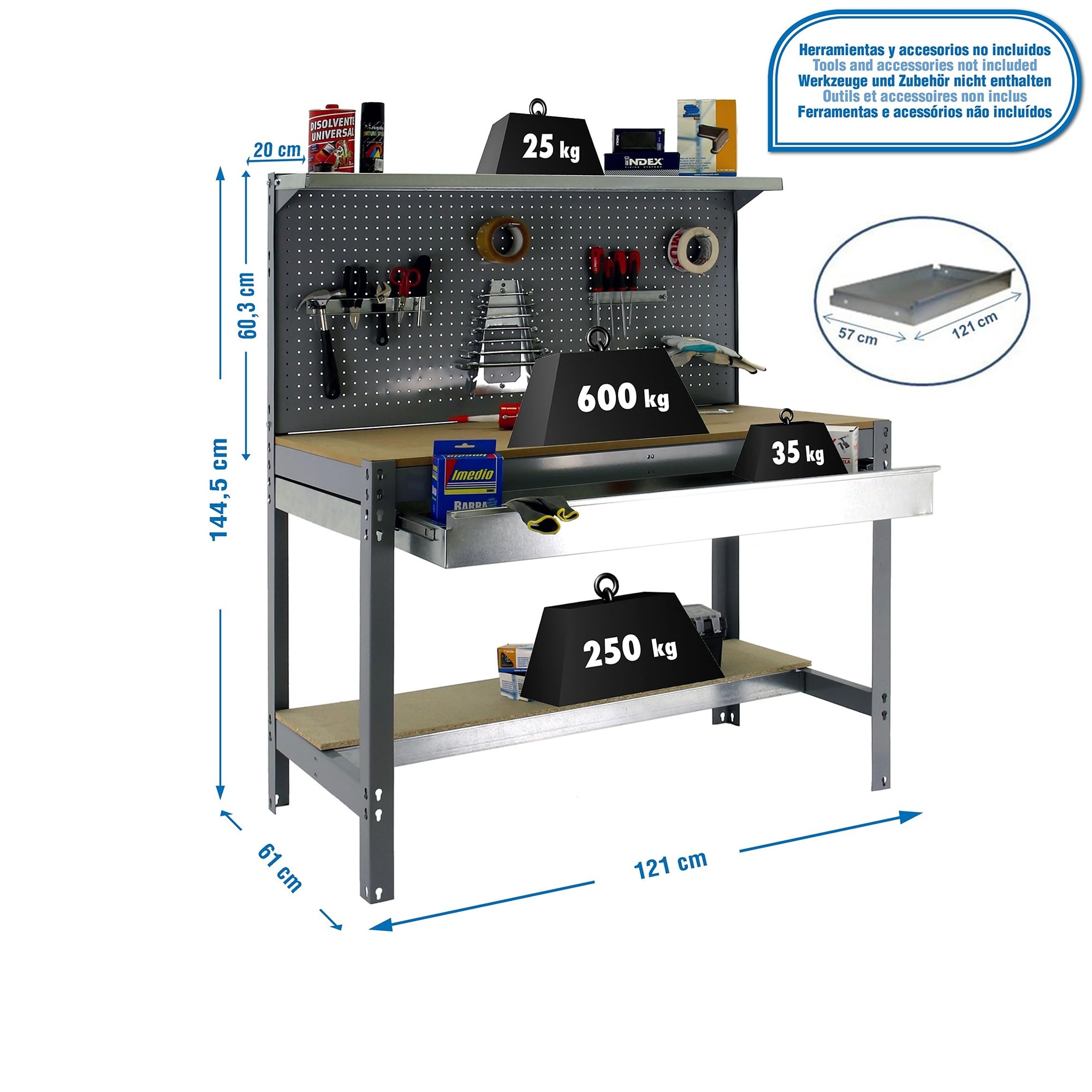 SimonRack Etabli d’Atelier, Capacité de Charge 600 kg, 1445x1210x610 mm, Panneau Perforé avec 1 Étagère, Étagère Tiroir de Rangement, Table de Travail Bricolage, Gris/Bois - BT3