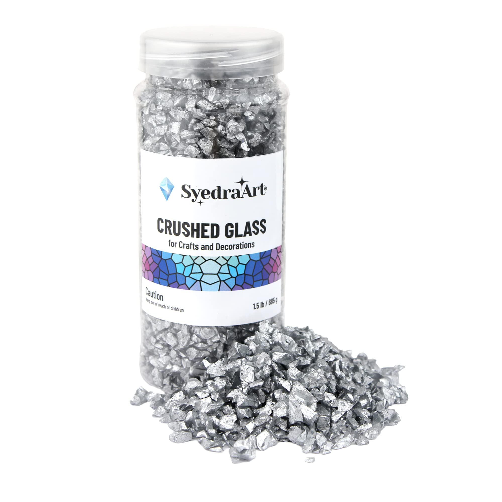 Syedra Crushed Glass for Crafts Metallic Broken Glass Pieces,Bar, Garden Decoration 3-6mm, 1.5 Pound Jar (Metallic Silver)