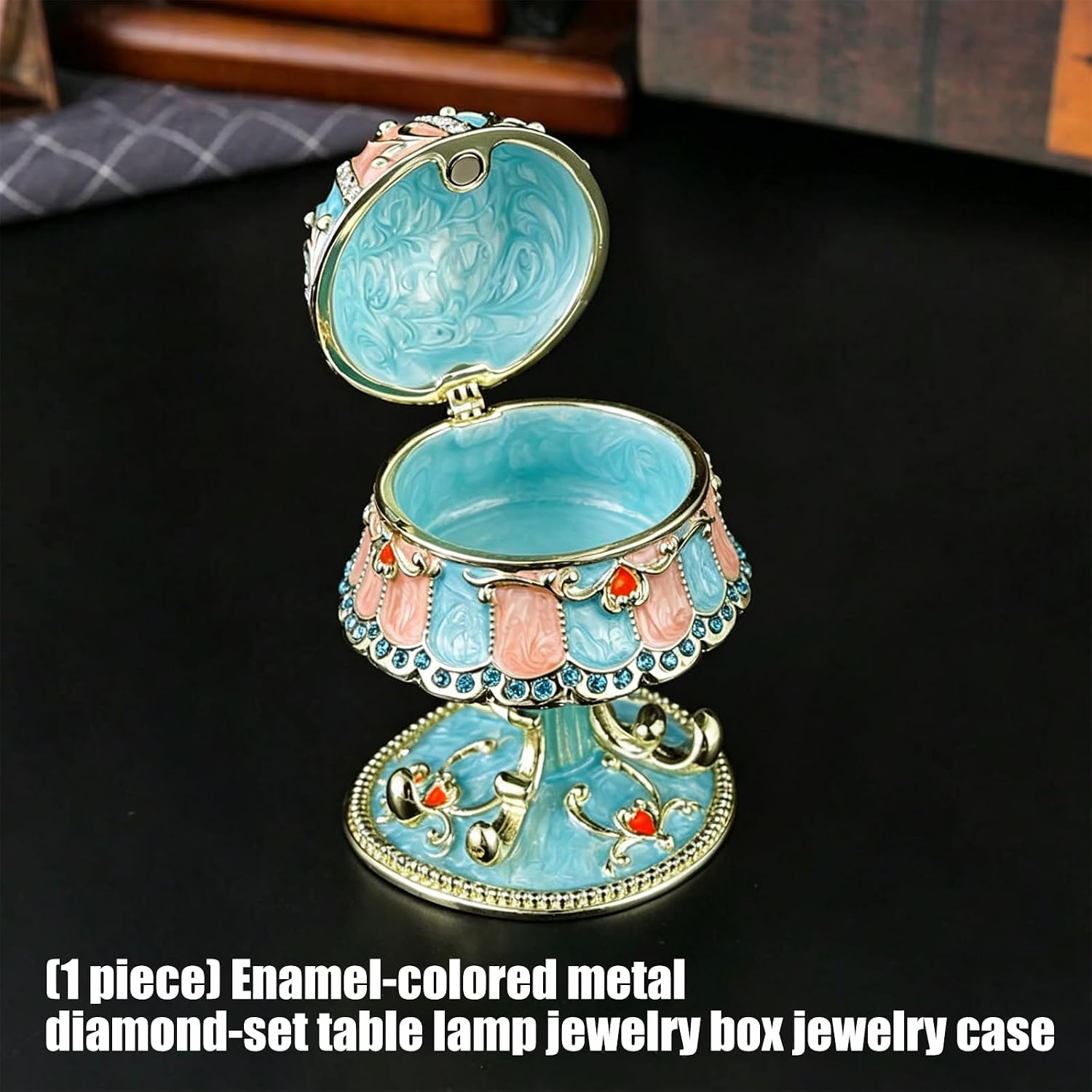 Enameled Metal Jewelry Box with Beads Accent and Builts in Lamp for Home Decoration Elegant Jewelry Display Case