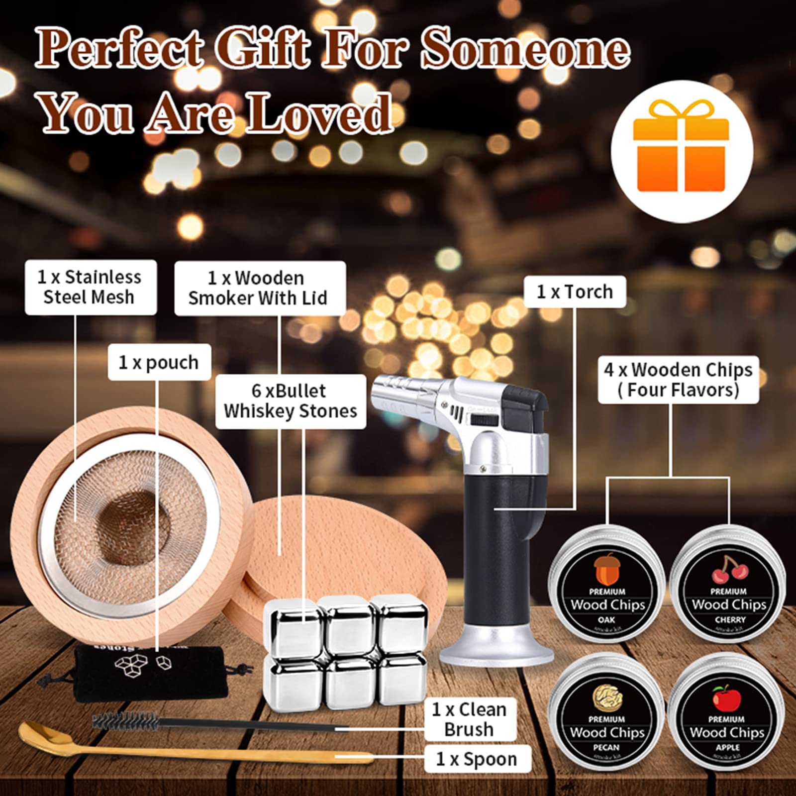Kit De Fumoir Cocktail MKNZOME Avec 4 Saveurs Copeaux De Bois - Fumeur Whisky Ancien Idéal Cadeau Homme Papa Mari