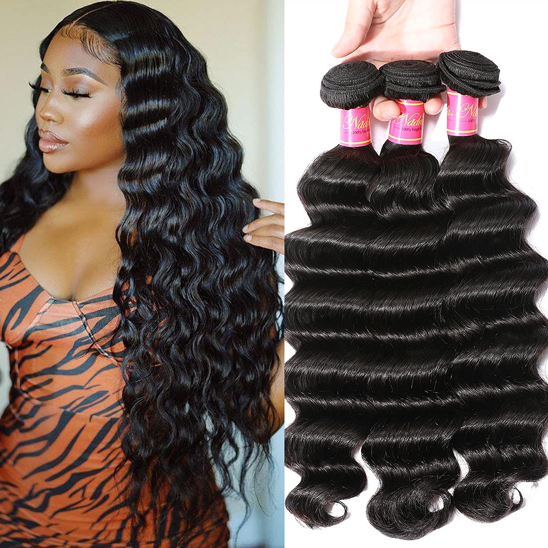 Nadula 8A Brazilian Loose Deep Wave Hair 3 Bundles 100% Unprocessed Virgin Loose Deep Wave Hair Weave Natural Color (18 20 22)
