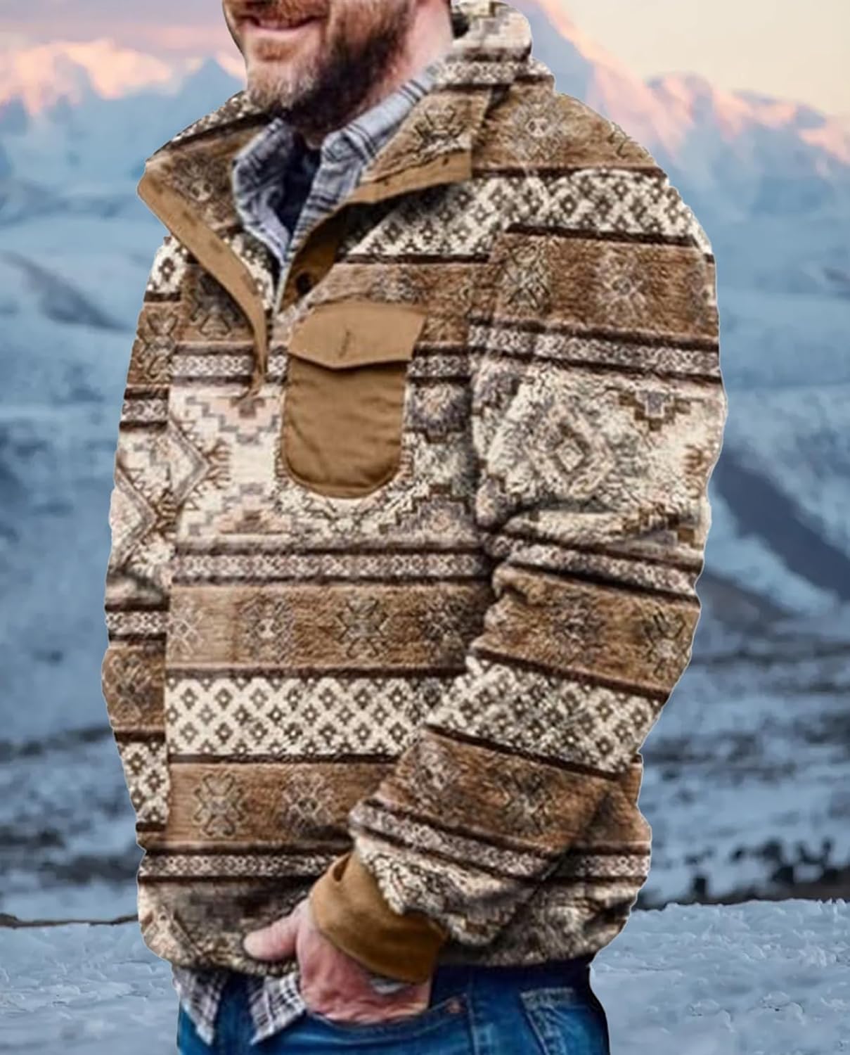 Western Sweatshirts for Men Aztec Fleece Pullover Sweatshirts Mens Vintage Print Fuzzy Sweatshirt - Image 6