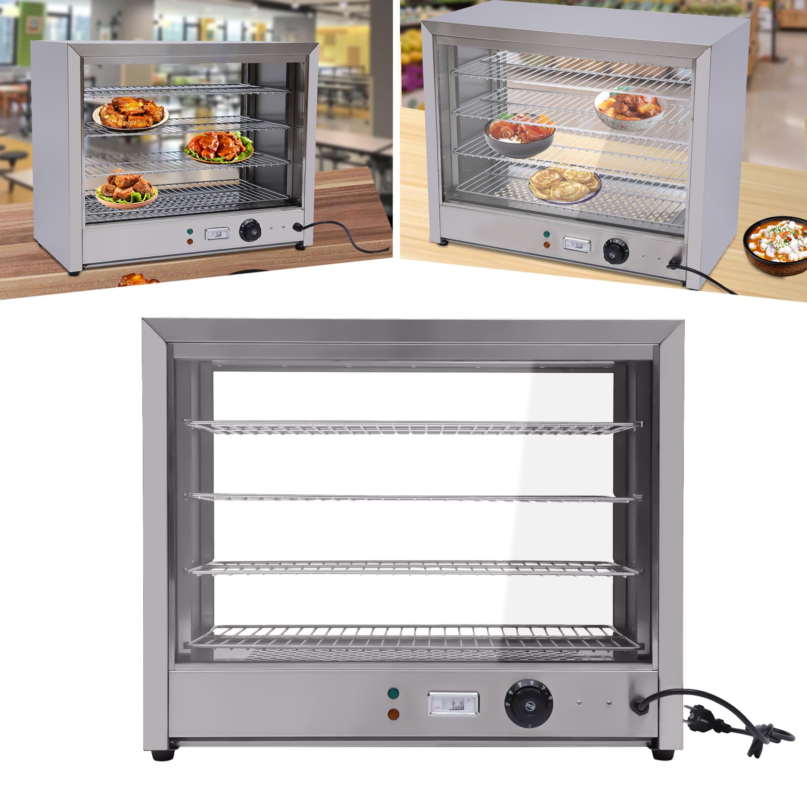 Vetrina riscaldante a 4 ripiani, per bancone caldo, 30 – 85 °C, 800 W, alta potenza, tempo di isolamento 24 ore, 64 x 34 x 53 cm