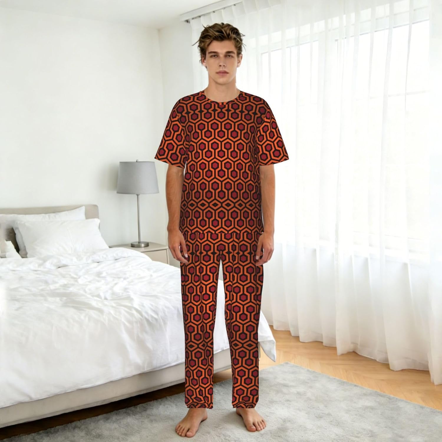 Men'S 2 Piece Loungewear Pajama Set Lingge Print Short Sleeve Tee Top And Pants Set S-3xl