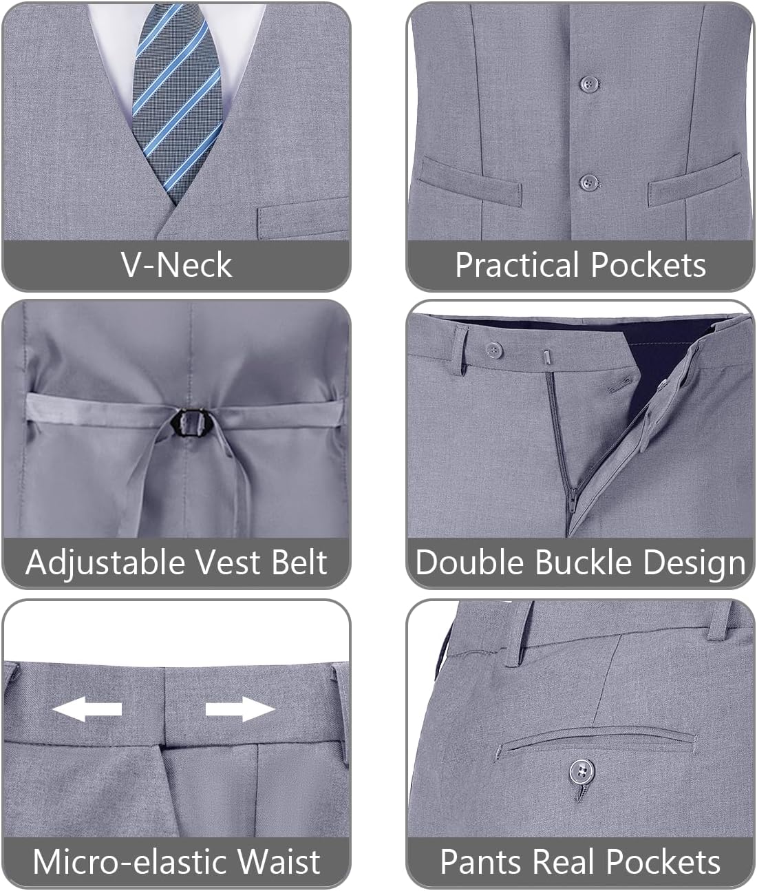 Mens Slim Fit 2 Piece Suit Set V-Neck Solid Dress Suit Vest Pants Wedding Prom Tuxedo for Men