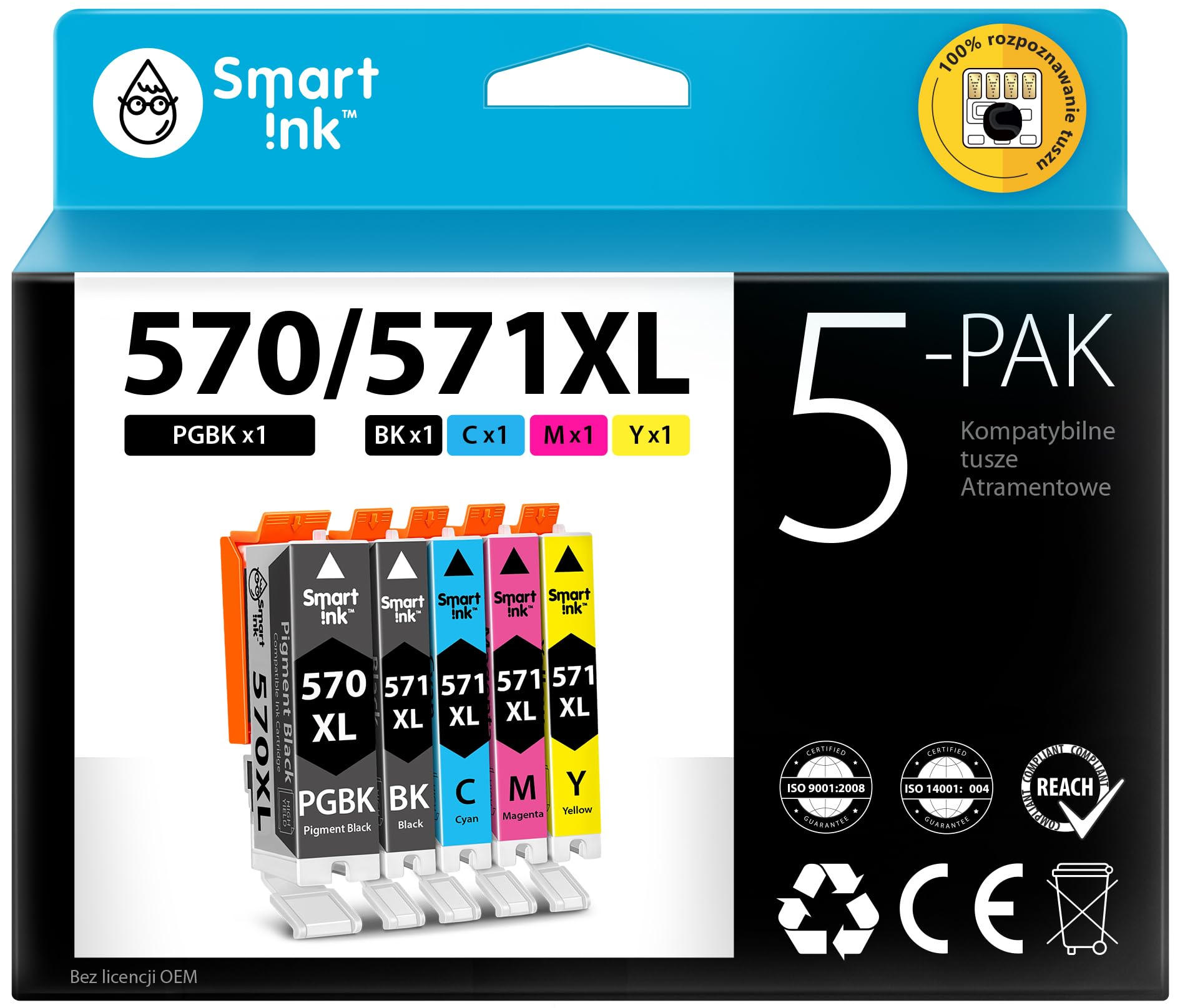 Smart Ink Kompatybilne wkłady atramentowe jako zamiennik do Canon PGI 570XL CLI 571XL 570 571 XL (PGBK & BK/C/M/Y) do użytku z Pixma MG5750 5751 5753 6850 6851 TS5050 5051 5055 5752 6050 6052 6051