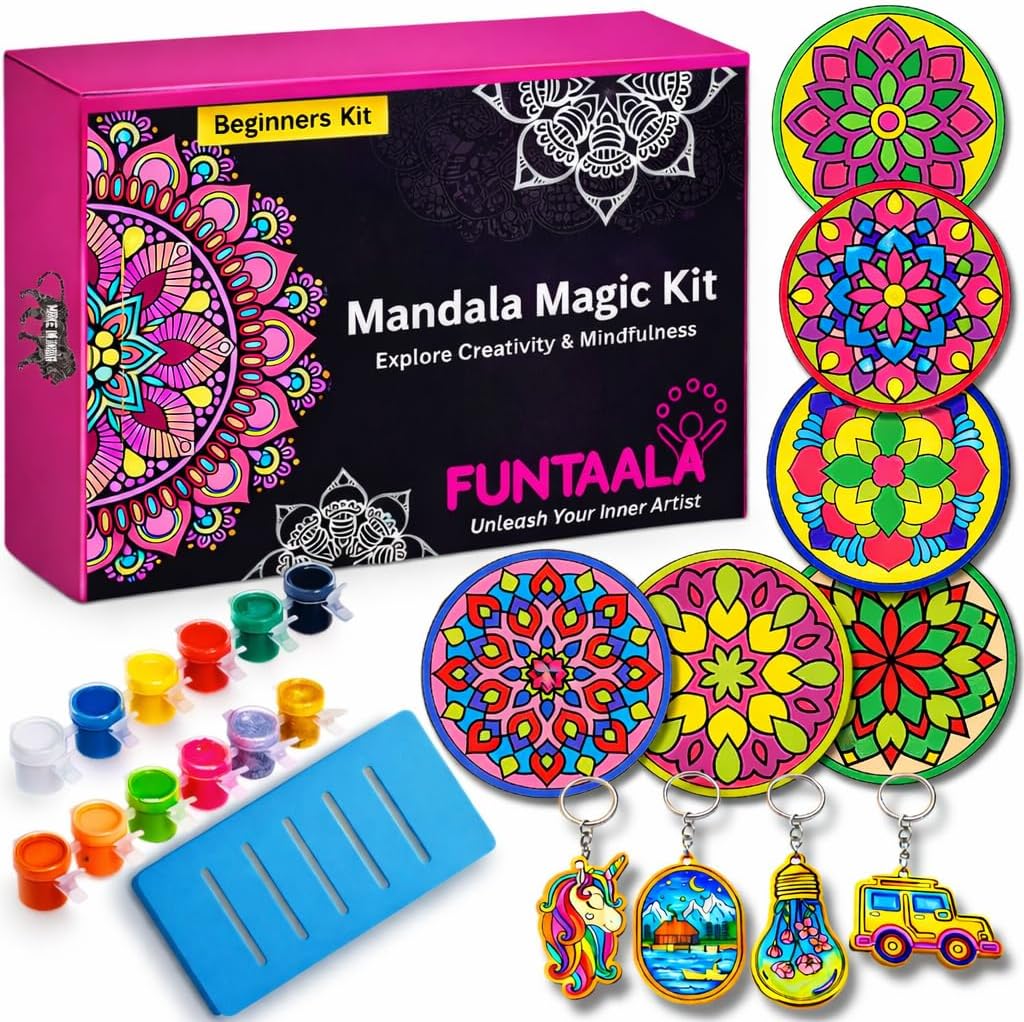 Funtaala Wooden Mandala Paint Kit Tea Coasters Art and Craft Kit | DIY Coaster Painting Set with Colours and Brush | Gift for Girls and Boys Ages 9-15 | Mandala Art Coasters