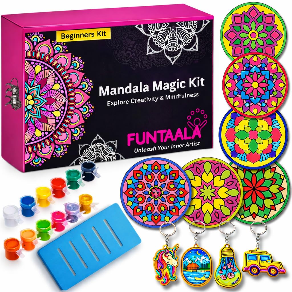 Funtaala Wooden Mandala Paint Kit Tea Coasters Art and Craft Kit | DIY Coaster Painting Set with Colours and Brush | Gift for Girls and Boys Ages 9-15 | Mandala Art Coasters