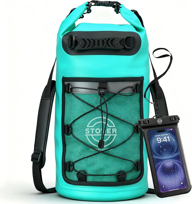 Mochila seca impermeable de 5/10/25/30/40 L y funda para teléfono: bolsa seca flotante grande para kayak, viajes, senderismo, pesca, camping, motocicletas y playa, tapa enrollable resistente para hombres/mujeres (verde azulado)