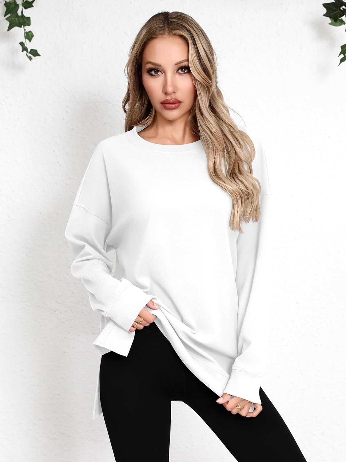 Laughido Women's Long Sleeve Crew Neck Slit Oversized Sweatshirts Pullover Loose Casual Tunic Tops 2025 Fall Clothes - Image 2