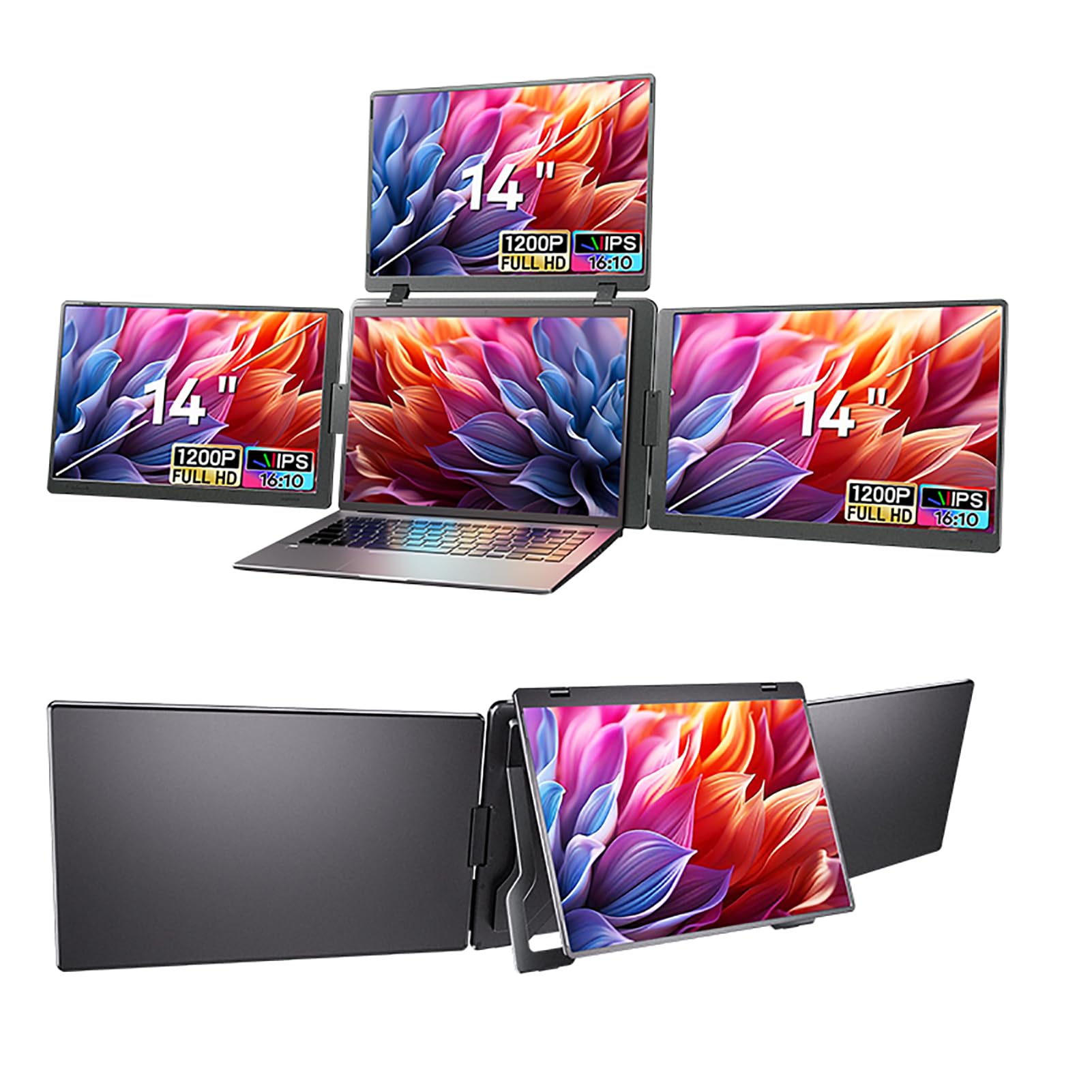 Monitor Portatile Triplo da 14" per Laptop, 1920x1200 IPS, Plug & Play, Monitor Quadruplo Extender a 3 Schermi per Laptop da 12-16,5", per 10 11, Mac (Spina europea)