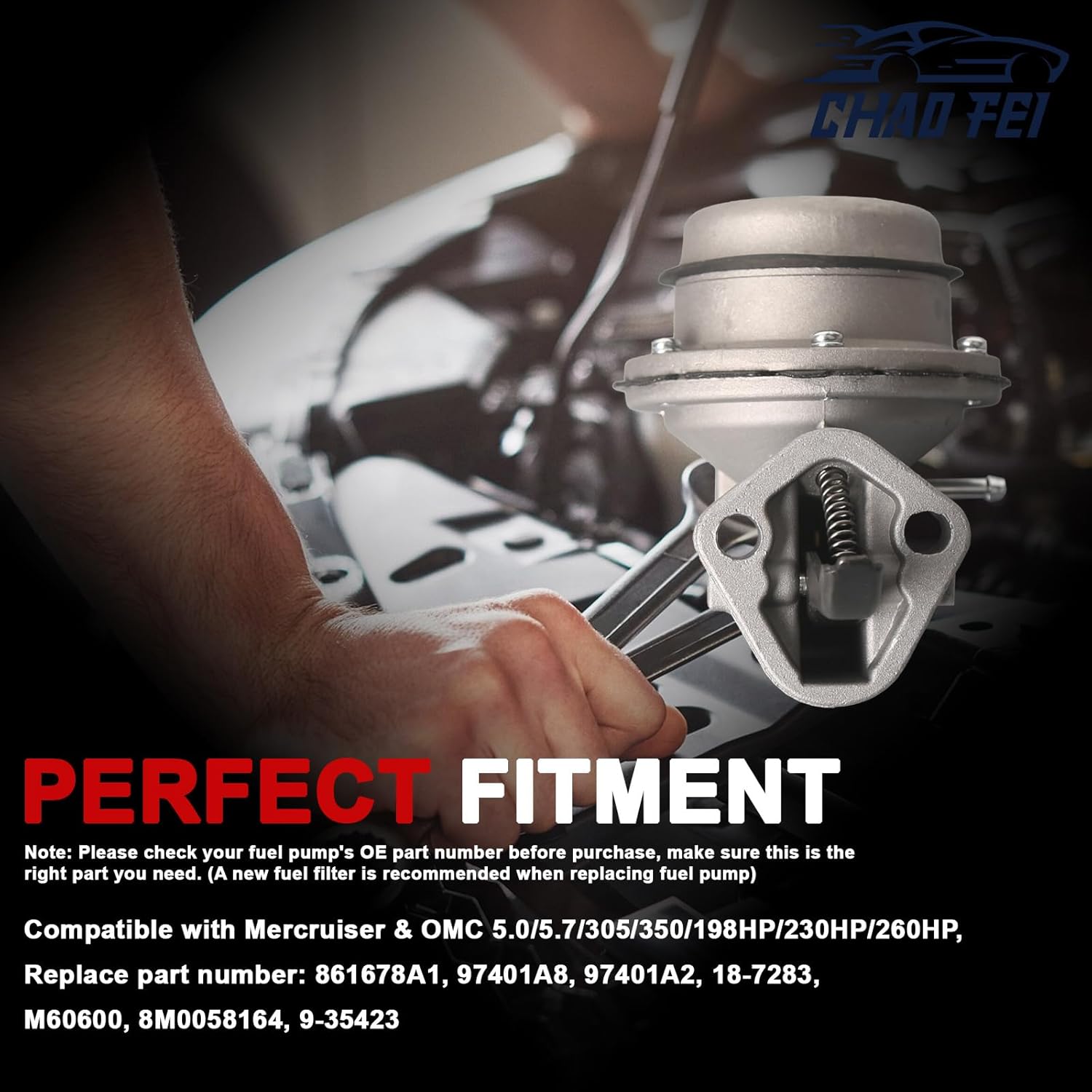 Mechanical Fuel Pump 861678A1 Compatible with Mercury Marine Mercruiser & OMC 5.0/5.7/305/350/198HP/230HP/260HP Replace 97401A8, 97401A2, 18-7283, M60600, 8M0058164, 9-35423