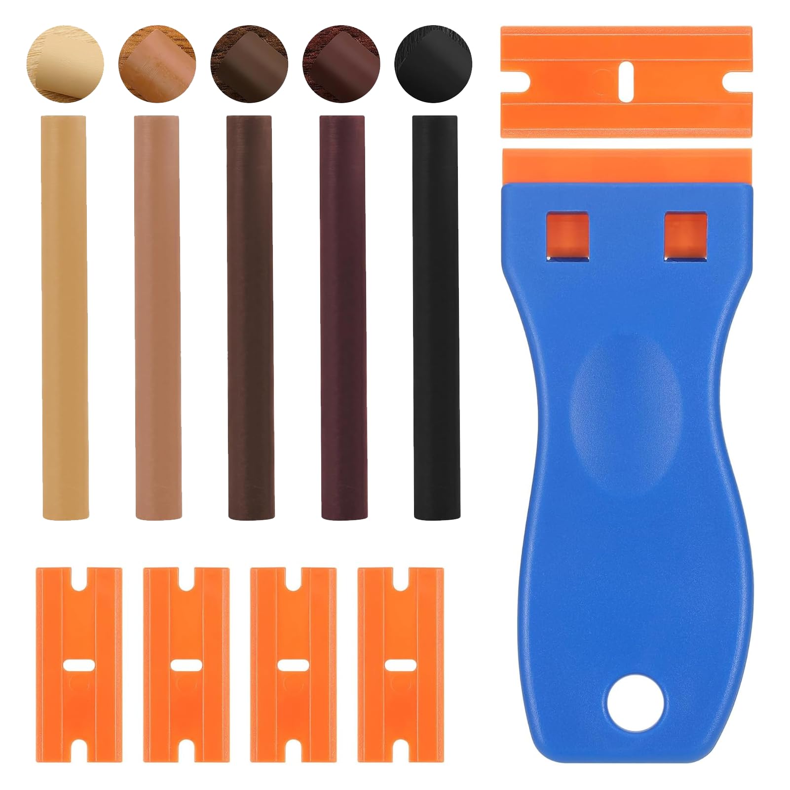 11pcs Laminate Floor Repair Kit, 5 Colored Wax Filler Wood Repair Sticks with Scraper, Laminate Worktop Repair Kit for Furniture Scratch Wooden Floor Table Door Guitar Scratches Holes, Eco-Friendly