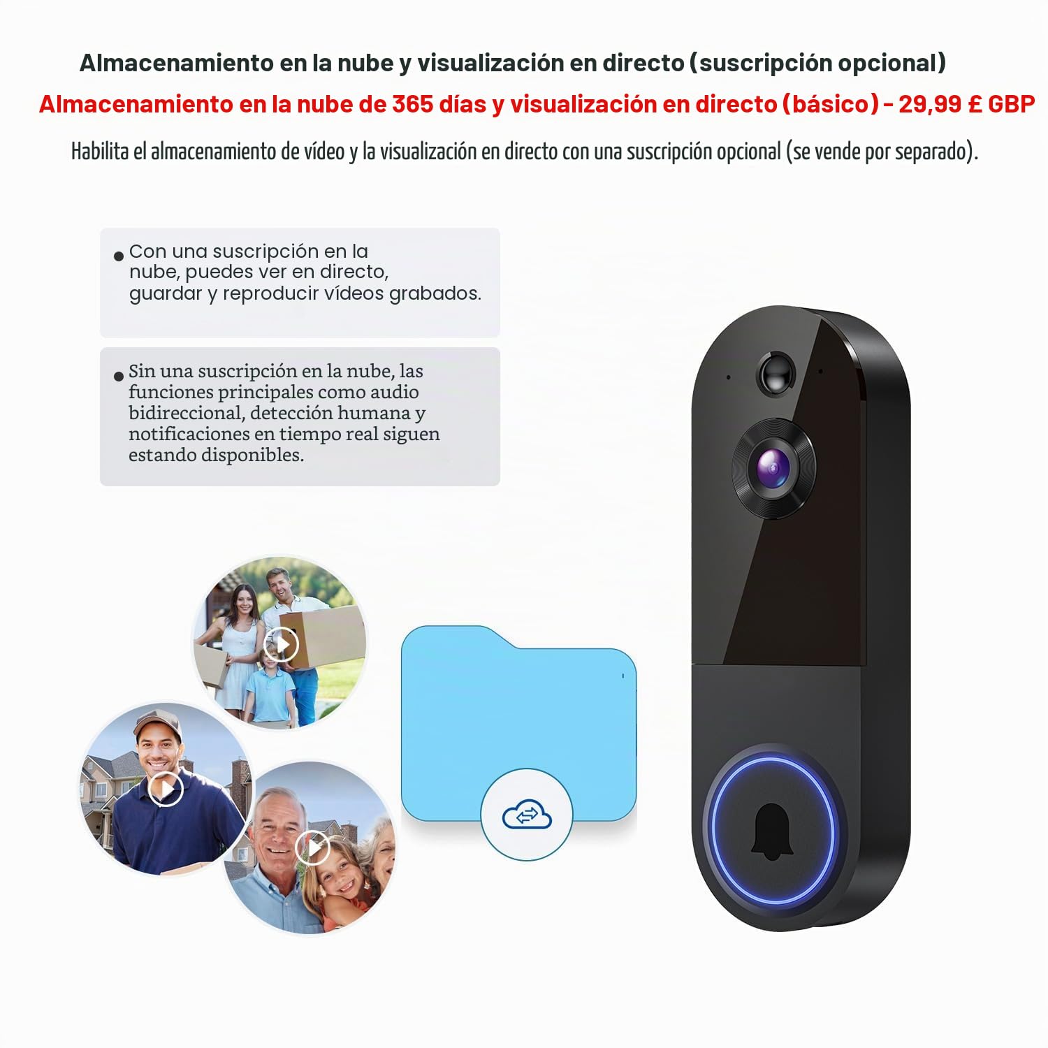 Cámara de timbre de video inalámbrica de 1080P, detección humana AI, visión nocturna, audio de 2 vías, funciona con pilas, almacenamiento en la nube, WiFi de 2,4 G, vigilancia interior y