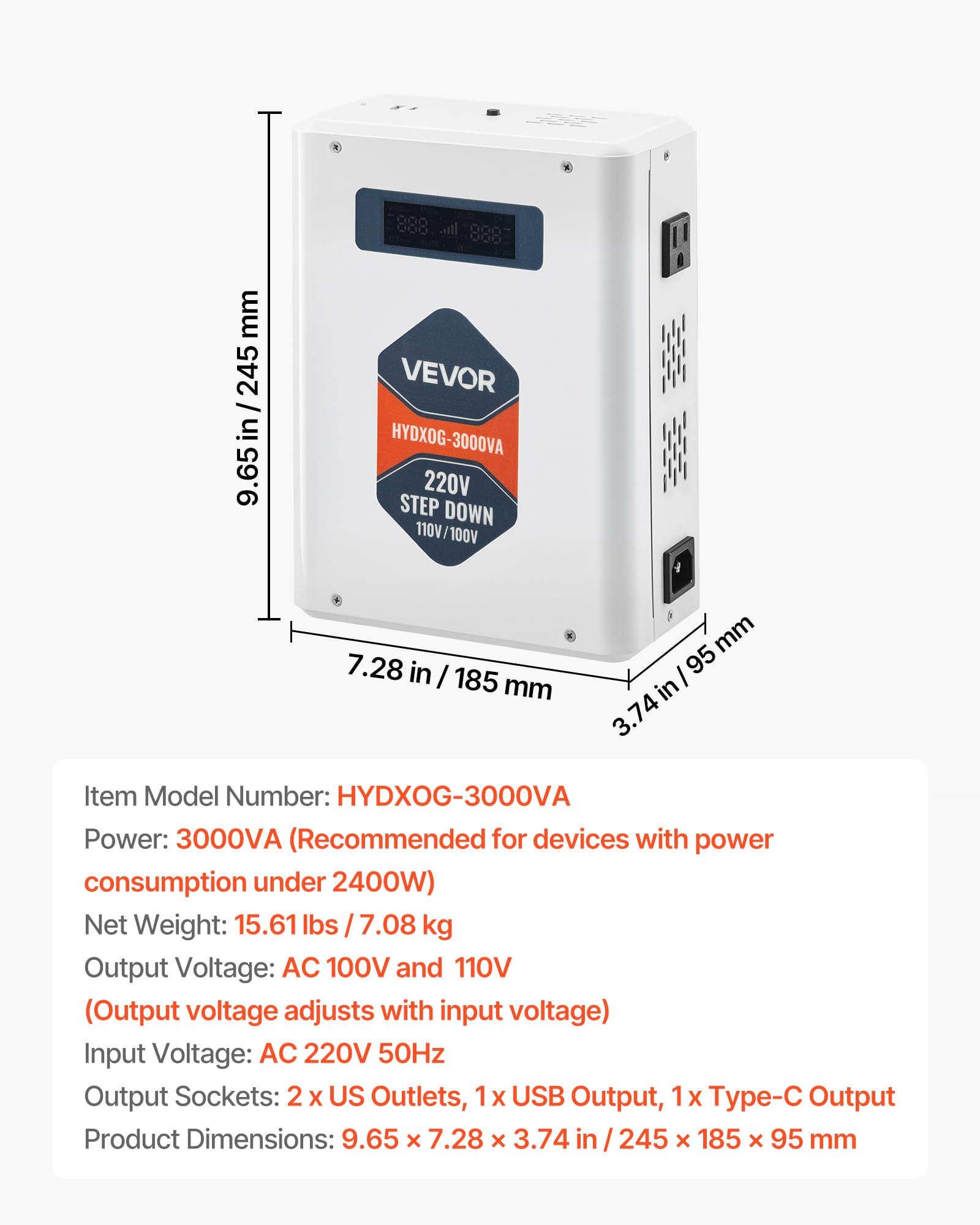 VEVOR Convertitore di Tensione Step-Down da 3000 VA, Trasformatore di Potenza per Impieghi Gravosi da 220 V a 110 V con 2 Prese USA, Uscita USB, Display LCD, Protezione della Temperatura